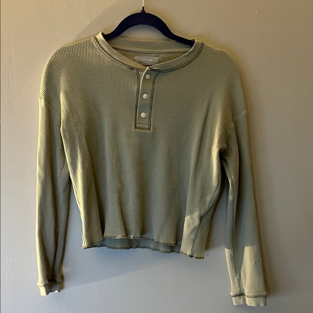 Everlane Olive Green Waffle Knit Henley Sweatshirt